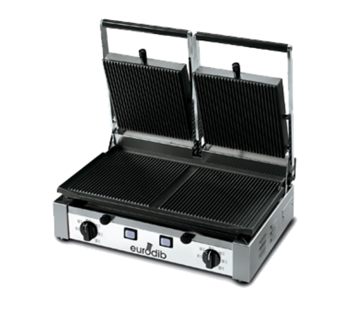 Eurodib PDR3000 Double Panini Grill: Ribbed Cast Iron Plates, 3000 Watt