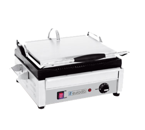 Eurodib SFE02345-240 Eurodib Single Panini Machine with 14" x 10" Ribbed Cast Iron Cooking Plate