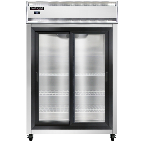 Continental Refrigerator 2RNSSSGD Reach In Display Two Section Stainless Steel Narrow Sliding Glass Doors