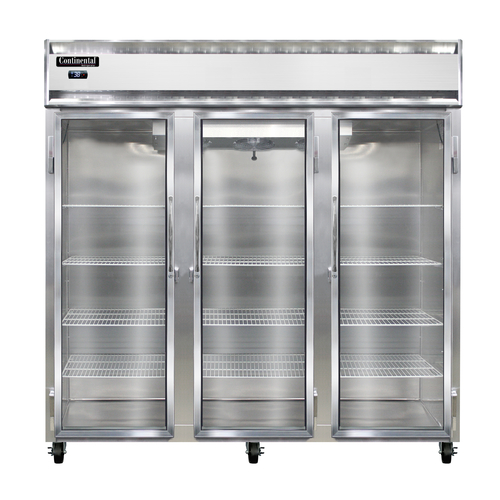 Continental Refrigerator 3RNGD Reach-In Display Three-Section Self-Contained Aluminum Stainless Steel Glass Doors
