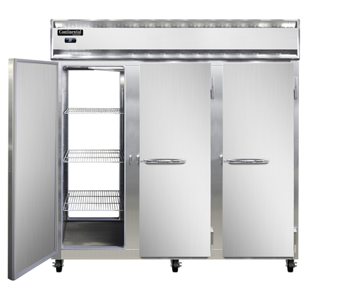 Continental Refrigerator 3RNSAPT Pass-Thru Three-Section Refrigerator Stainless Steel Full-Height Solid Doors