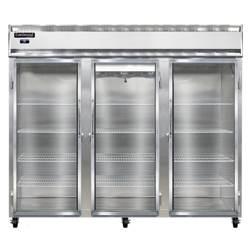 Continental Refrigerator 3RENGD Extra-Wide Reach-In Refrigerator 85-1/2 inch Three-Section Glass Doors Stainless Steel Front