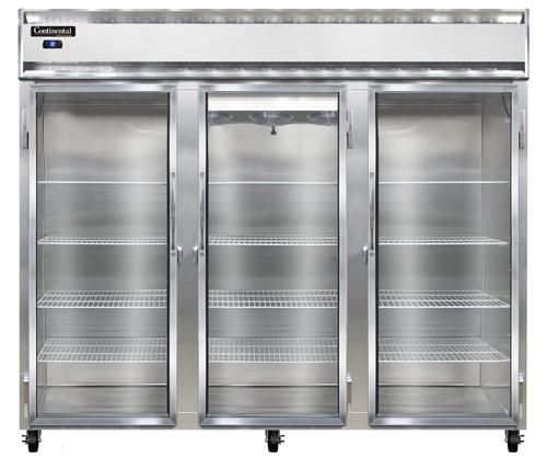 Continental Refrigerator 3RENSSGD Extra-Wide Reach-In Refrigerator 85-1/2 inch Three-Section Stainless Steel Full-Height Glass Doors