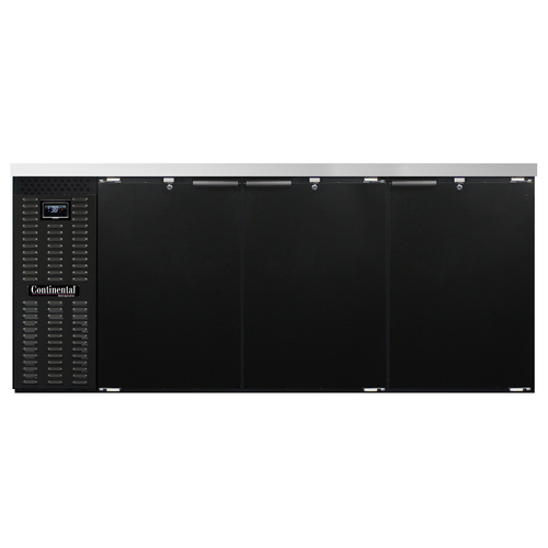 Continental Refrigerator BB79N Refrigerated Back Bar Cooler 79W 34-3/4H 28 cu ft Stainless Steel Top 3 Doors