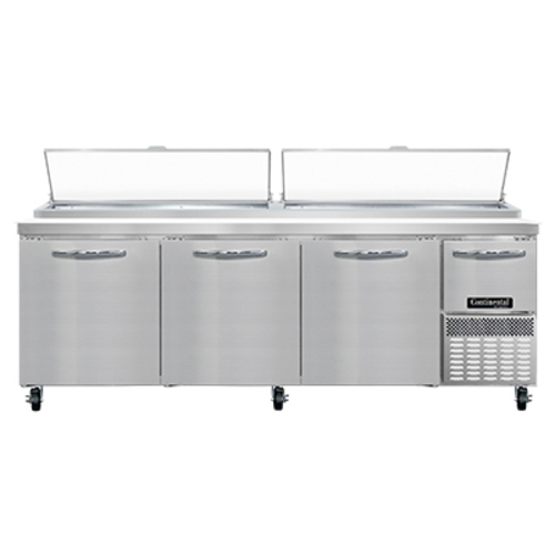 Continental Refrigerator PA93N Pizza Prep Table 93 inch Three Section Stainless Steel Work Top 32 cu ft Capacity