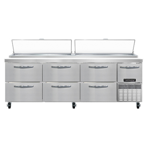 Continental Refrigerator PA93N-D Pizza Prep Table 93W Three Section 32 cu ft Capacity Stainless Steel Work Top