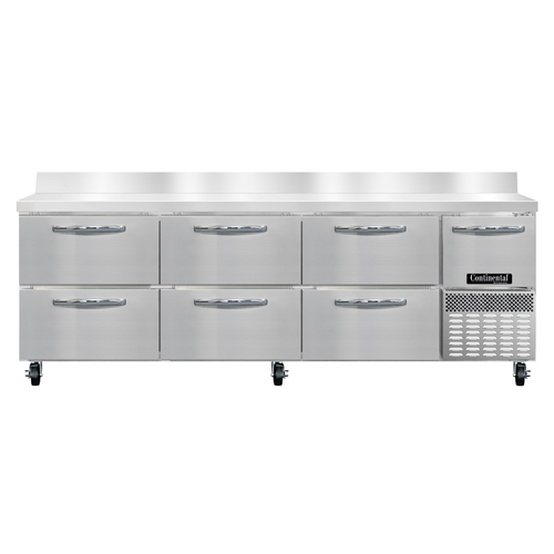 Continental Refrigerator RA93NBS-D Refrigerated Base Worktop Unit 93 inch Stainless Steel with 6 Drawers and Door