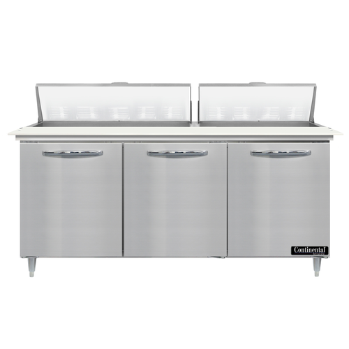 Continental Refrigerator D72N18C Designer Line Sandwich Unit 72 inch three section with 18 1/6 size pans and stainless steel top