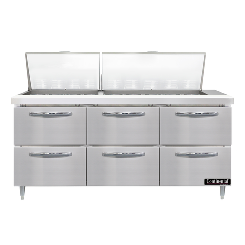 Continental Refrigerator D72N27M-D Designer Line Mighty Top Sandwich Unit 72 inch three section stainless steel