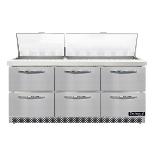 Continental Refrigerator SW72N30M-FB-D Mighty Top Sandwich Unit 72 inch 20.6 cu ft three-section with drawers and pans