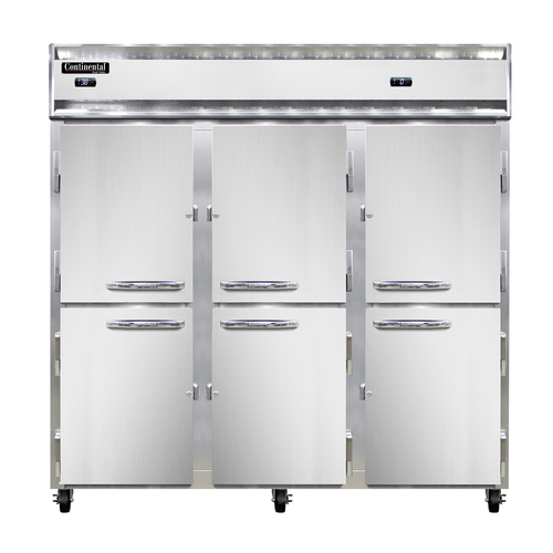 Continental Refrigerator 3RRFNHD Reach-In Three-Section Refrigerator Freezer Stainless Steel Half-Height Doors