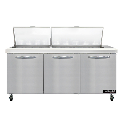 Continental Refrigerator SW72N27M Mighty Top Sandwich Unit 72W 20.6 cu ft three-section with 27 1/6 size pans