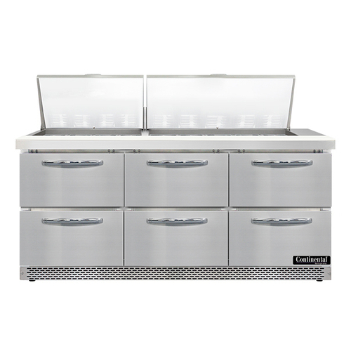 Continental Refrigerator SW72N27M-FB-D Mighty Top Sandwich Unit 72 inch 20.6 cu ft three-section with drawers and pans