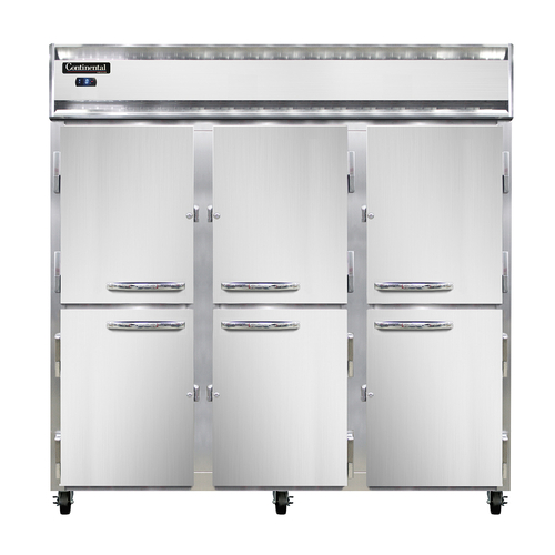 Continental Refrigerator 3FSNHD Freezer Reach-In Three-Section Self-Contained Stainless Steel Half-Height Doors
