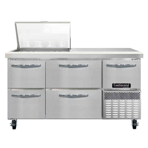 Continental Refrigerator RA60N12M-D Refrigerated Base Sandwich Unit 60 inch Stainless Steel with Drawers and Pans