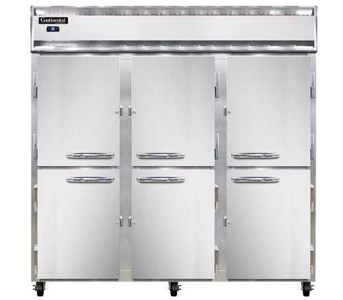 Continental Refrigerator 3RSNSAHD Reach-In Three-Section Stainless Steel Refrigerator with Half-Height Solid Doors