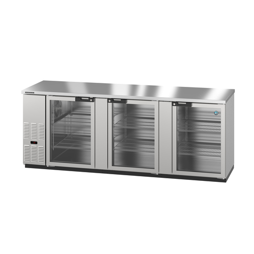 Hoshizaki BB95-G-S Refrigerated Back Bar Cooler Three Section 95 Inch Capacity 1302 Cans 5 Kegs Glass Doors