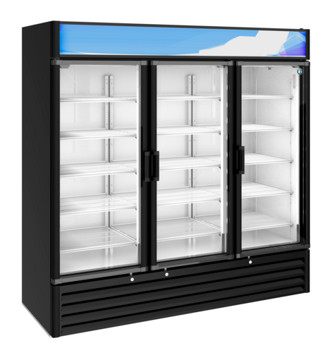 Hoshizaki RM-65-HC-BLK Refrigerated Merchandiser Reach-In Three-Section 56 Cu Ft Bottom Mount Self-Contained Refrigeration