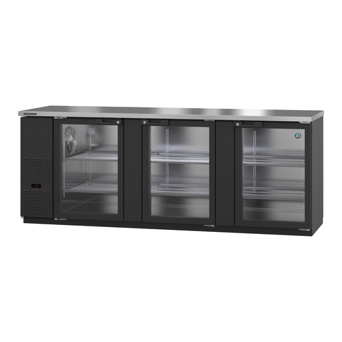 Hoshizaki BB95-G Refrigerated Back Bar Cooler Three Section 95 Inch Capacity Holds 1302 Cans 3 Glass Doors