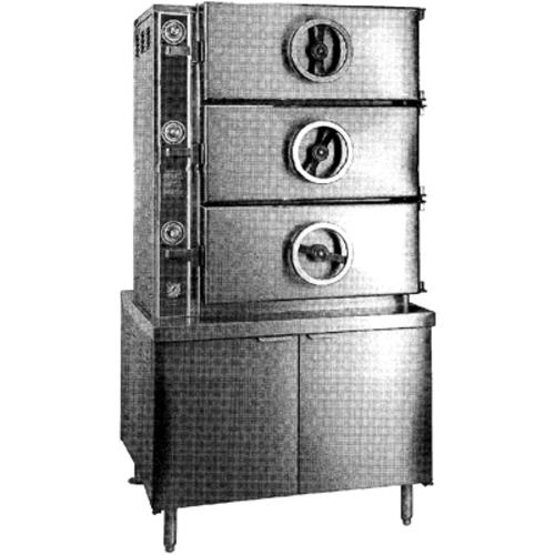 Crown Steam GC-3 Pressure Steamer Gas Heated Boiler 3 Compartments 36 Inch Cabinet Base Automatic Timer Controls