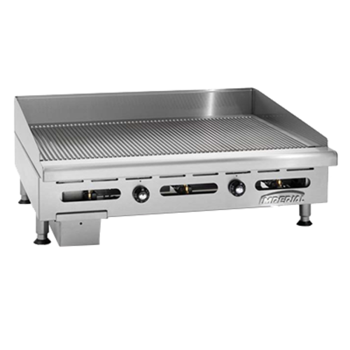 Imperial Range IGG-48 Griddle Countertop Gas 48in W x 24in D Cooking Surface 1in Thick Grooved Plate Thermostatic Controls 4in Grease Gutter Removable Grease Can Stainless Steel Front Sides Splash Guard Ledge 4in Legs 120000 BTU cETLus NSF CE