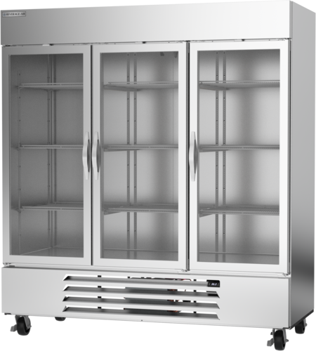 Beverage Air HBR72HC-1-G Horizon Series Refrigerator Reach In Three Section 70 Cu Ft Capacity Glass Doors Adjustable Shelves