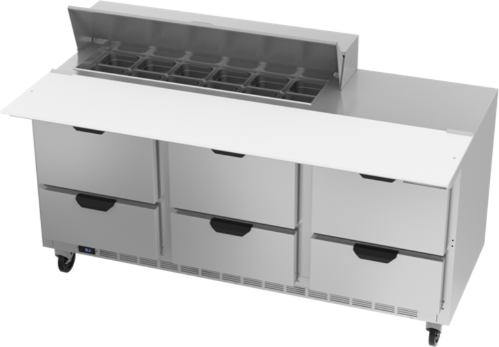 Beverage Air SPED72HC-12C-6 Sandwich Top Refrigerated Counter 72 inch Three Section 20 cu ft Capacity Stainless Steel