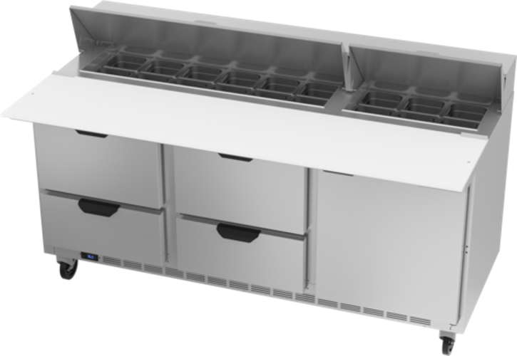 Beverage Air SPED72HC-18C-4 Sandwich Top Refrigerated Counter 72 inch Three Section 20 cu ft Capacity with Drawers and Shelves