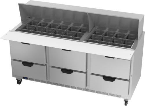 Beverage Air SPED72HC-30M-6 Mega Top Refrigerated Counter 72 inch Three Section 20 cu ft Capacity Stainless Steel