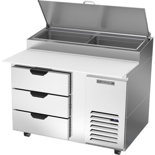 Beverage Air DPD46HC-3 Pizza Top Refrigerated Counter 46 inch One Section 12 cu ft with Drawers and Stainless Steel Top