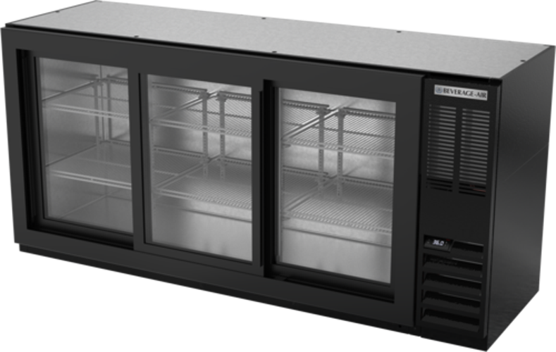 Beverage Air BB72HC-1-GS-B Refrigerated Back Bar Storage Cabinet 72 inch Three Section with Glass Doors and LED Lighting