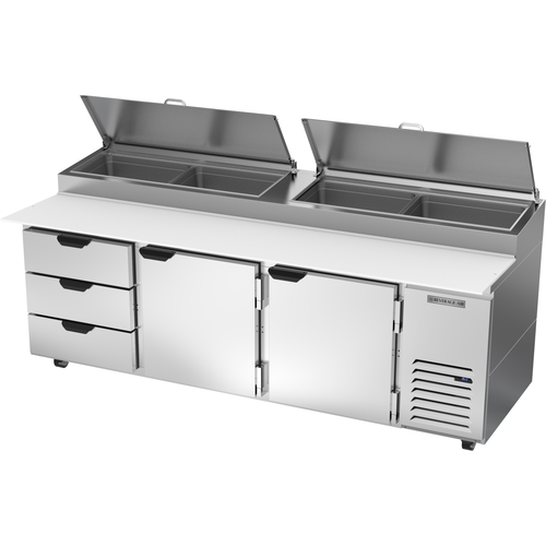 Beverage Air DPD93HC-3 Pizza Top Refrigerated Counter Three Section 93W 31.5 cu ft with Drawers and Doors