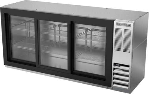 Beverage Air BB72HC1FGS Refrigerated Back Bar Storage Cabinet 72 inch Three Section with Glass Doors and LED Lighting