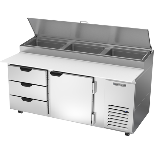 Beverage Air DPD72HC-3 Pizza Top Refrigerated Counter Two Section 72 Inch 22.8 Cu Ft with Drawers and Door