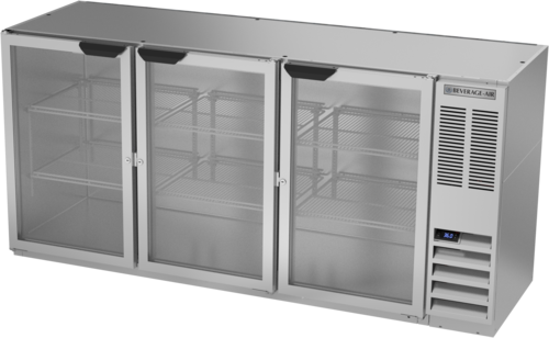 Beverage Air BB72HC1FGS Refrigerated Back Bar Storage Cabinet 72 Inch Three Section with Glass Doors and LED Lighting