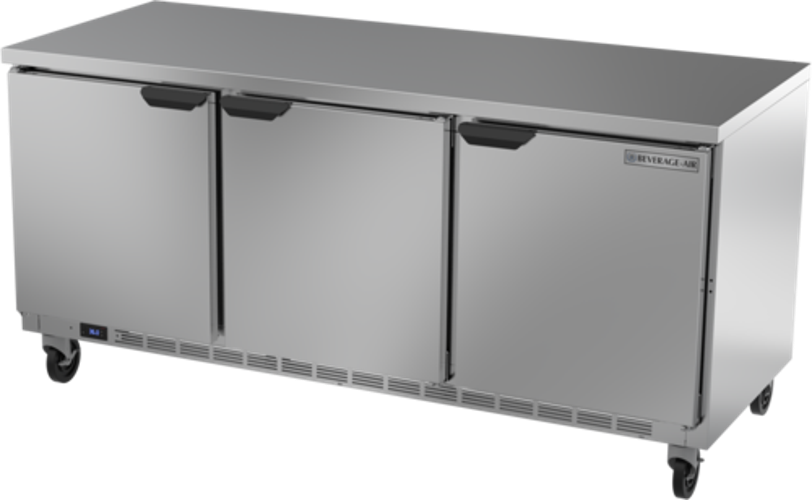 Beverage Air WTR72AHC-FLT Worktop Refrigerator Three Section 72 Inch 17.88 Cu Ft Solid Doors Stainless Steel