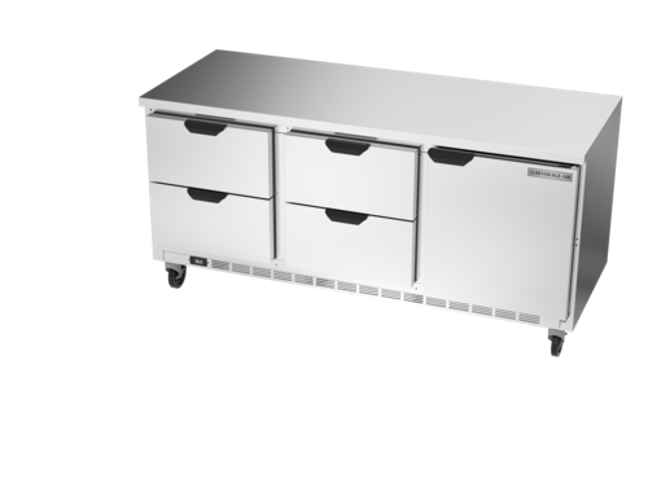 Beverage Air WTRD72AHC4FLT Worktop Refrigerator Three Section 72 Inch Stainless Steel with Drawers and Door