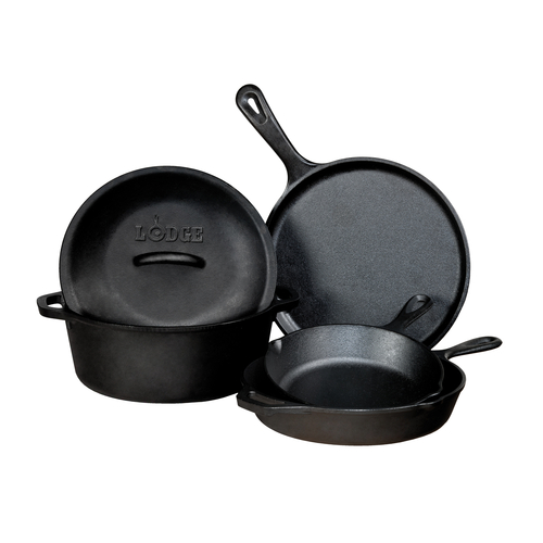 Lodge Cast Iron L5HS3 5 Piece Cookware Set Griddle Skillet Dutch Oven Induction Safe Made in USA