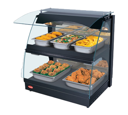 Hatco GRCMW-1D Glo-Ray Curved Merchandising Warmer 26 inch Wide Deck Shelf Mirrored Glass Back Panel Individual Controls