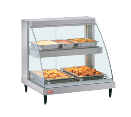 Hatco GRCD-1PD Glo-Ray Designer Heated Display Case Curved Glass Countertop Dual Shelves Stainless Steel 860 Watts