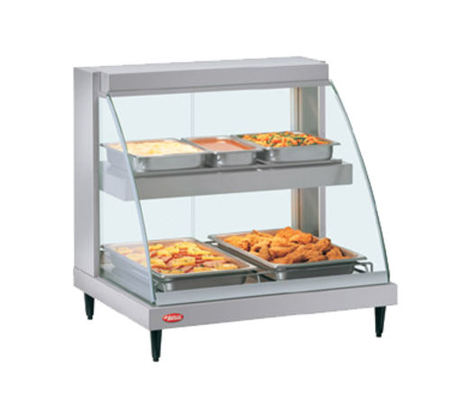 Hatco GRCD-2PD Glo-Ray Designer Heated Display Case Curved Glass Countertop Dual Shelves Stainless Steel 1210 Watts