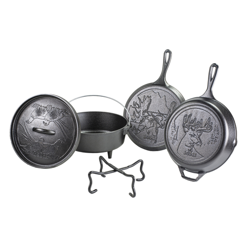 Lodge Cast Iron L5WLSETA Wildlife Series Cookware Set 5 Piece Camp Dutch Oven Griddles Made in USA