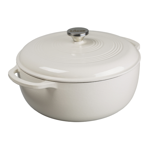 Lodge Cast Iron EC7D13 Dutch Oven 7.5 Quart Round Porcelain Enameled Off White Interior Oyster White Exterior