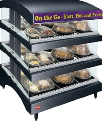 Hatco GR3SDS-27TCT Glo-Ray Designer Slant Display Warmer Curved Canopy Triple Shelf Heated Glass Shelves