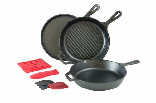 Lodge Cast Iron L6SPA41 6 Piece Cookware Set Skillet Grill Pan Griddle Mitt Holder Scraper