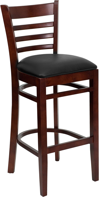 Wood Ladder Back Bar Stool Mahogany w Black Cushion Seat