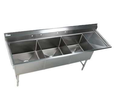 Elite All Stainless 3 Bowl 24x24 Sink W 18" Drain Board on Right