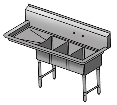 3 Compartment Sink All Stainless C-Store Sink w 12"DB on Left