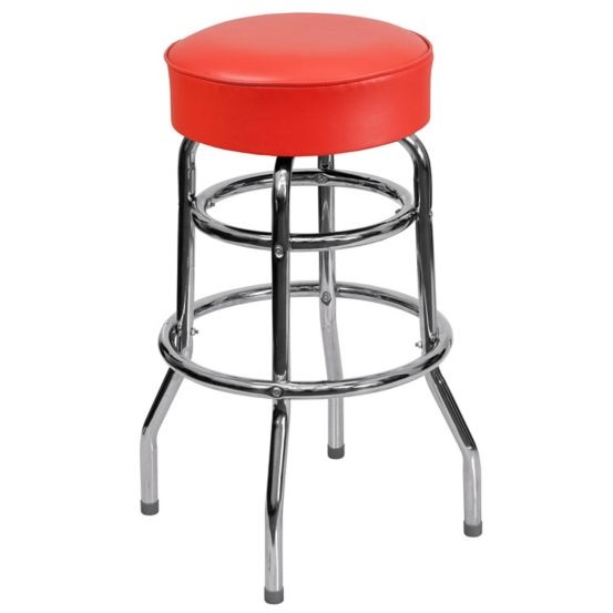 Commercial Double Ring Bar Stool with Red Swivel Round Seat