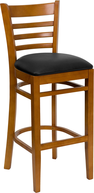 Wood Ladder Back Bar Stool Cherry w Black Cushion Seat